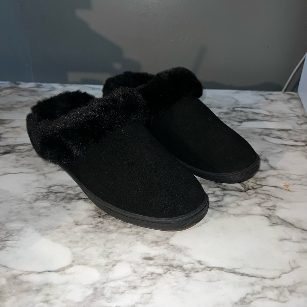My slippers black leather fuzzy